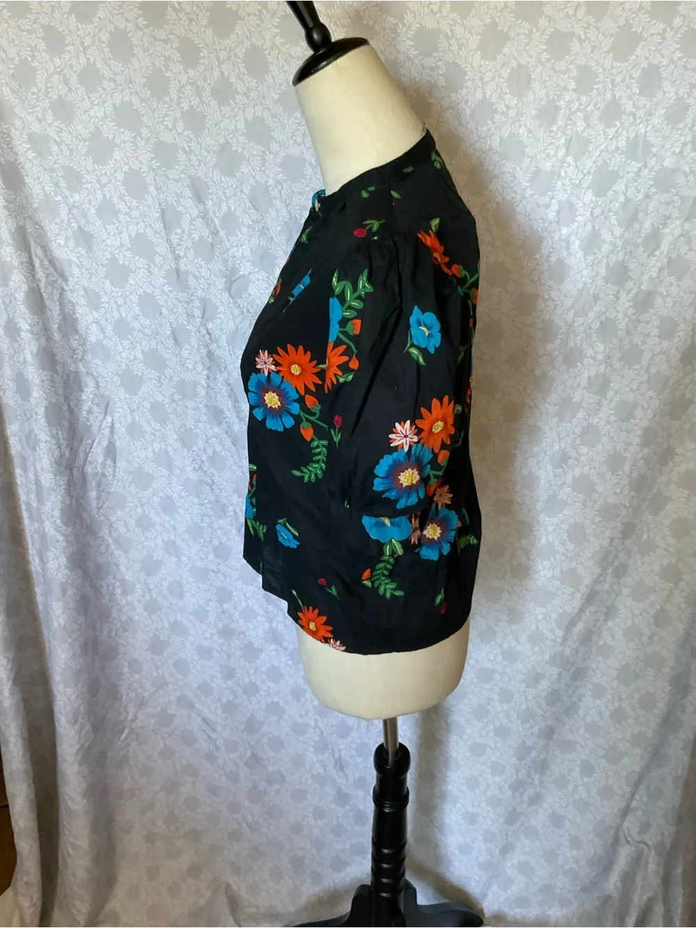 LOFT Black Floral Button-Up Puff Sleeve Blouse